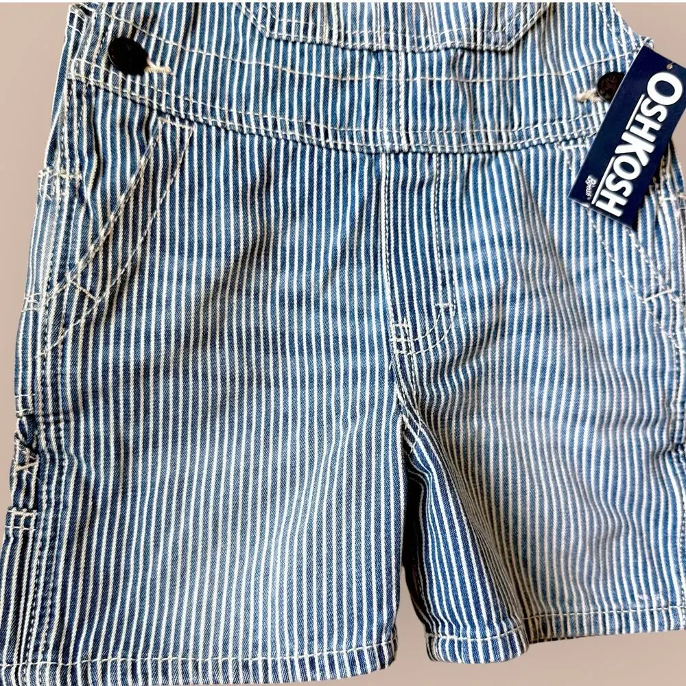 OshKosh B'gosh Railroad Striped Bib Shortalls Overalls Unisex 2T Blue White New